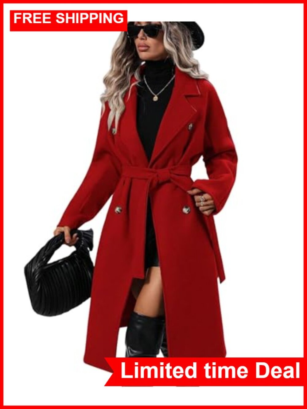 Wool Blend Pea Coat Long Trench Coat Double Breasted Notched Lapel